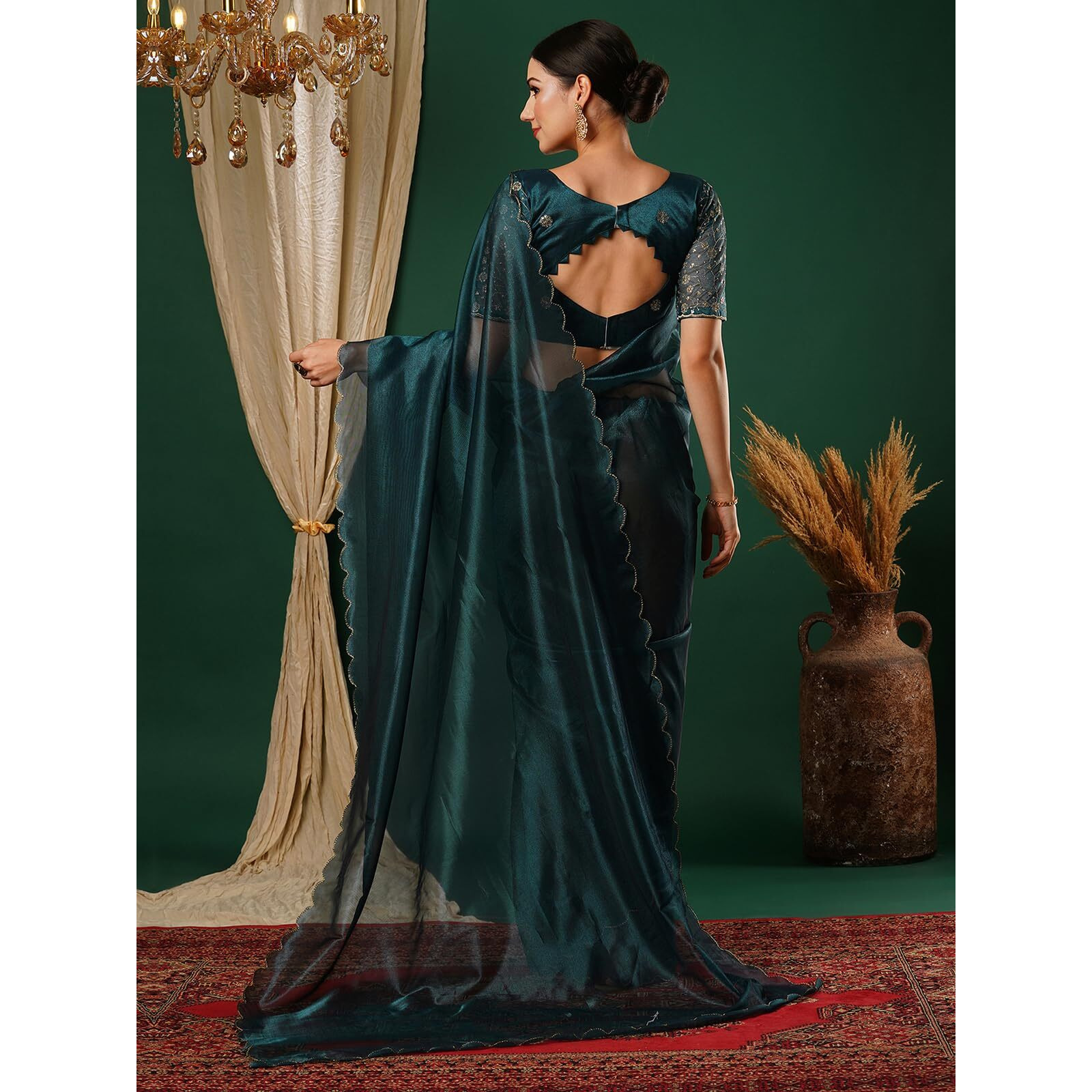 Satrani Women's Shimmer Net Embroidery And Scalloped Border Saree With Unstitched Blouse Piece (3899S445N_Rama Blue)