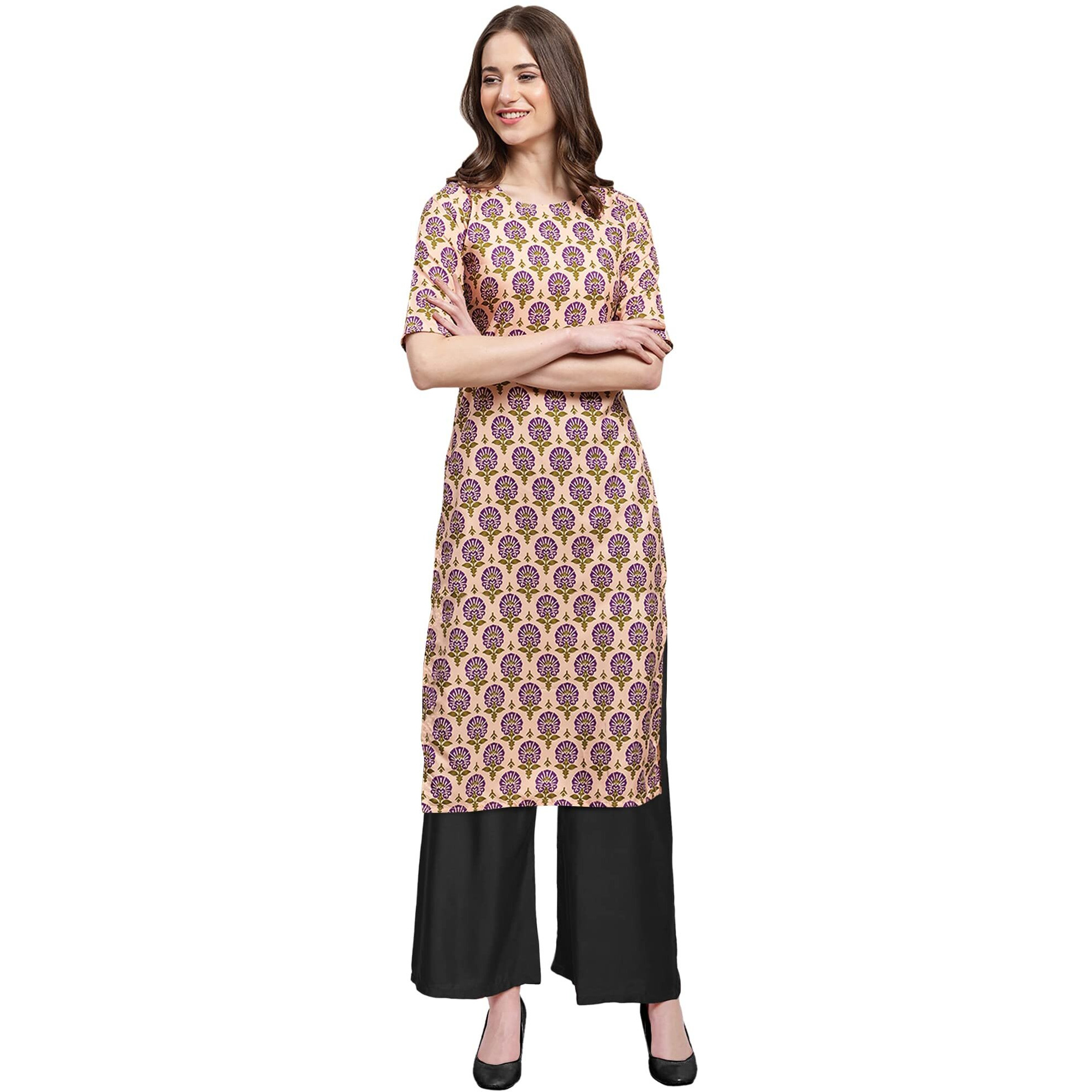 Pinkmint Women's Beige Color Kurta And Black Palazzo Set (530332-Black Palazzo_L)