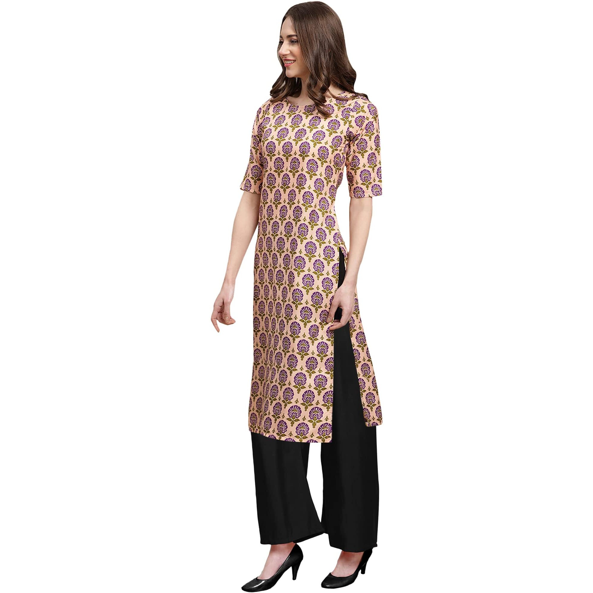 Pinkmint Women's Beige Color Kurta And Black Palazzo Set (530332-Black Palazzo_L)