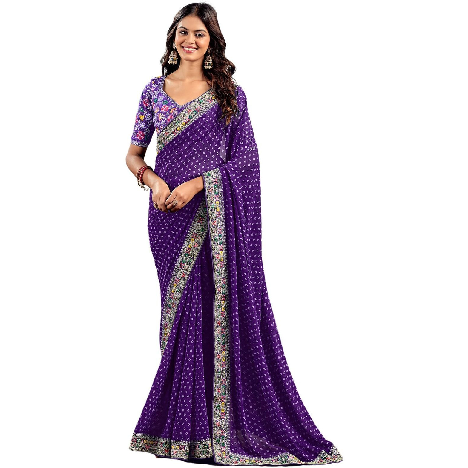 Satrani Women's Georgette Sequence Embroidery Lace & Bandhani Printed Saree With Unstitched Blouse Piece (4115S904N_Violet)
