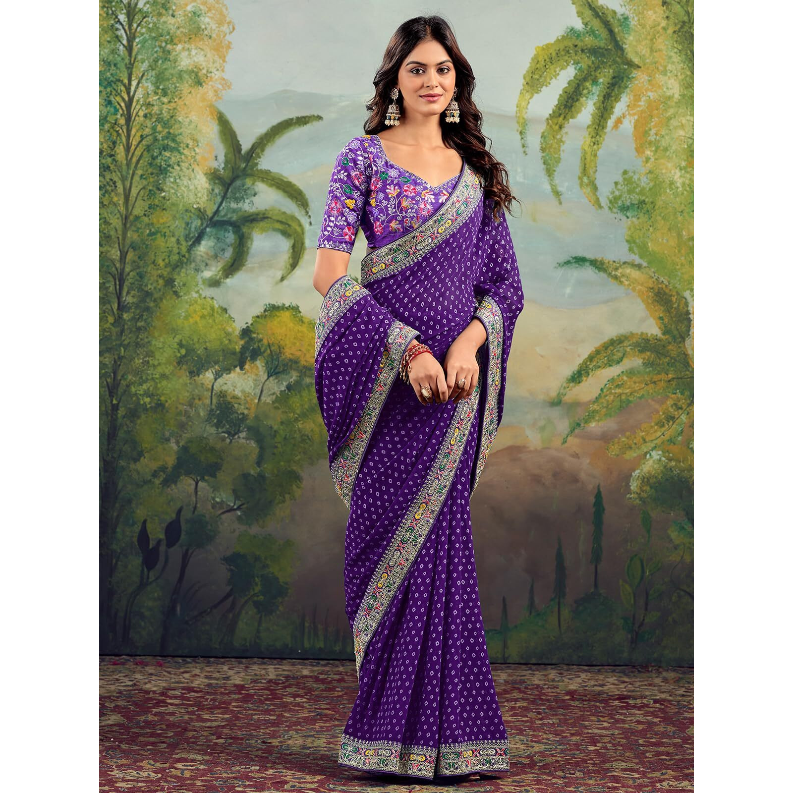 Satrani Women's Georgette Sequence Embroidery Lace & Bandhani Printed Saree With Unstitched Blouse Piece (4115S904N_Violet)