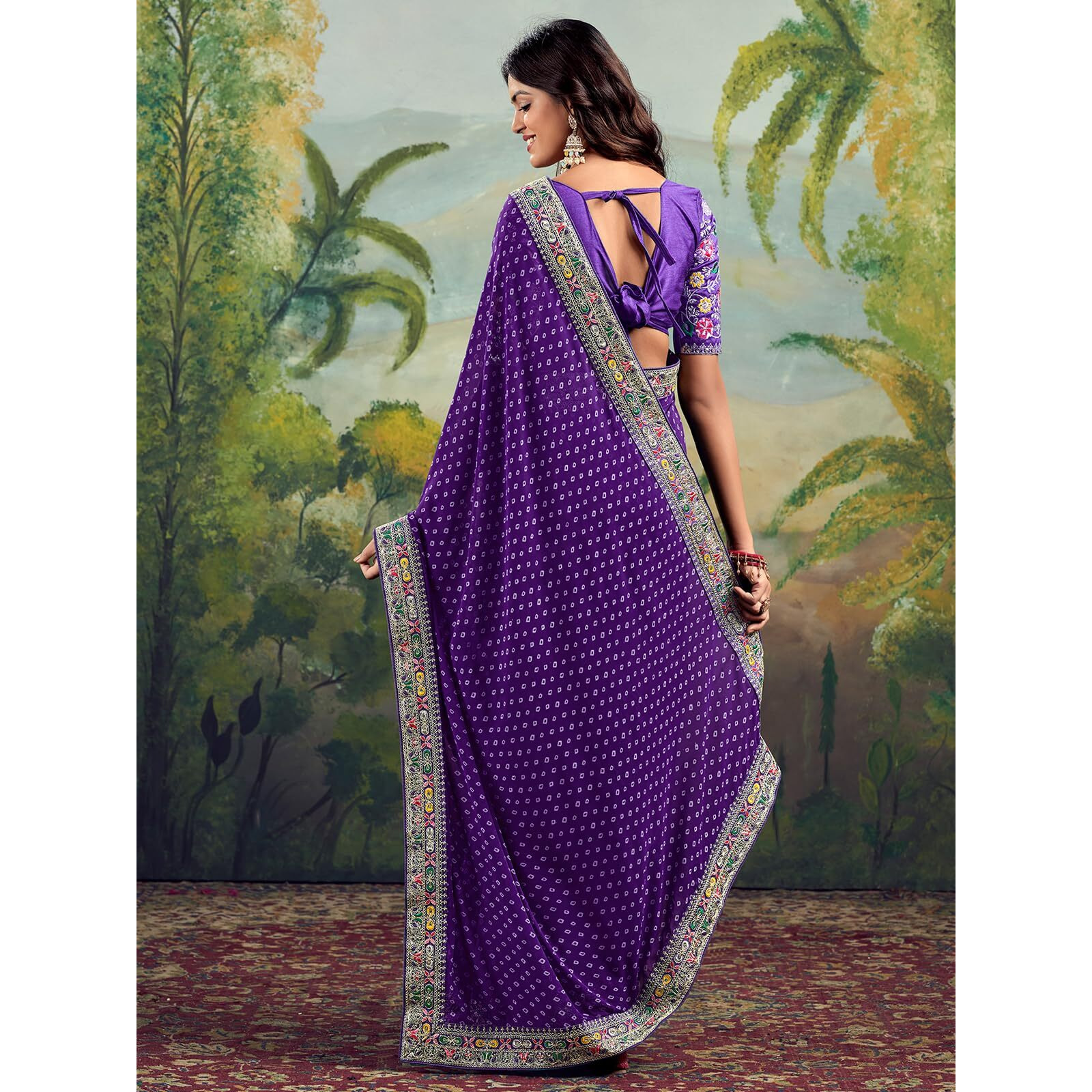 Satrani Women's Georgette Sequence Embroidery Lace & Bandhani Printed Saree With Unstitched Blouse Piece (4115S904N_Violet)