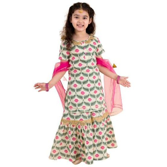 Pspeaches Girls Off White Floral Yoke Design Empire Pure Cotton Relaxed Fit Kurti With Skirt With Dupatta (White-6-7Y), 6 Years-7 Years