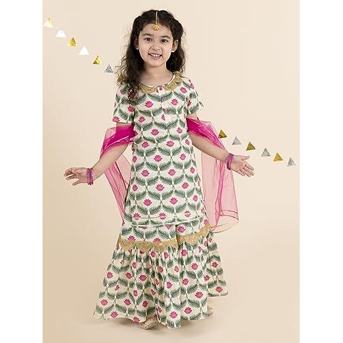 Pspeaches Girls Off White Floral Yoke Design Empire Pure Cotton Relaxed Fit Kurti With Skirt With Dupatta (White-6-7Y), 6 Years-7 Years