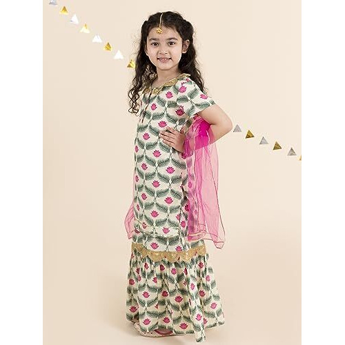 Pspeaches Girls Off White Floral Yoke Design Empire Pure Cotton Relaxed Fit Kurti With Skirt With Dupatta (White-6-7Y), 6 Years-7 Years