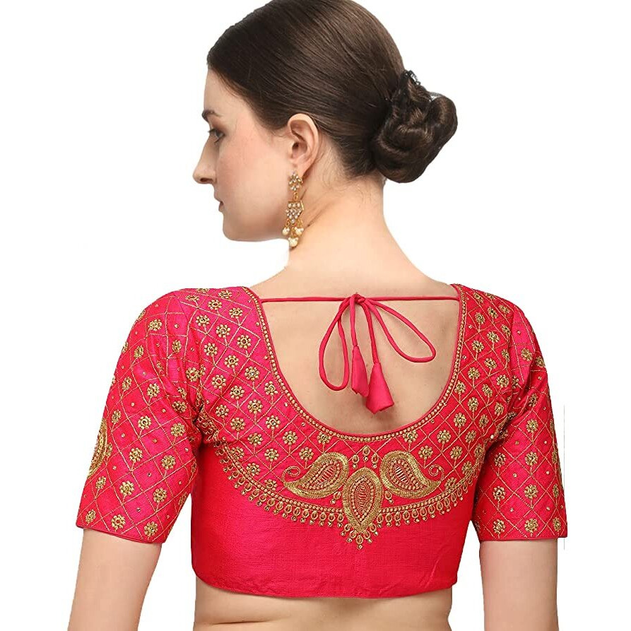 Pujia Mills Women's Silk Embroidery Half Sleeve Keri Designe Readymade Blouse (Gajari)