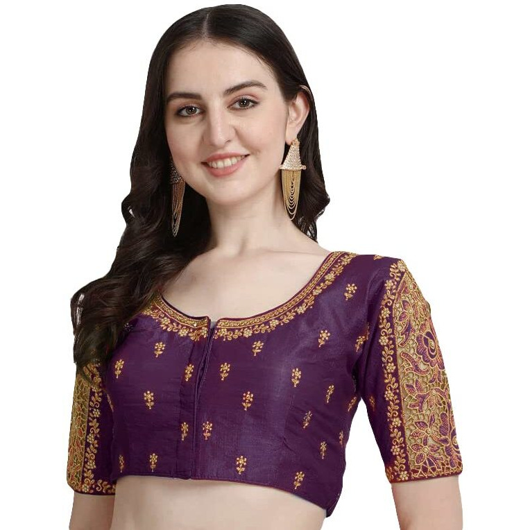 Pujia Mills Women's Silk Flower Embroidery Sleeves Cut Work Half Sleeve Readymade Saree Blouse (Gulab Rose_Wine_38)