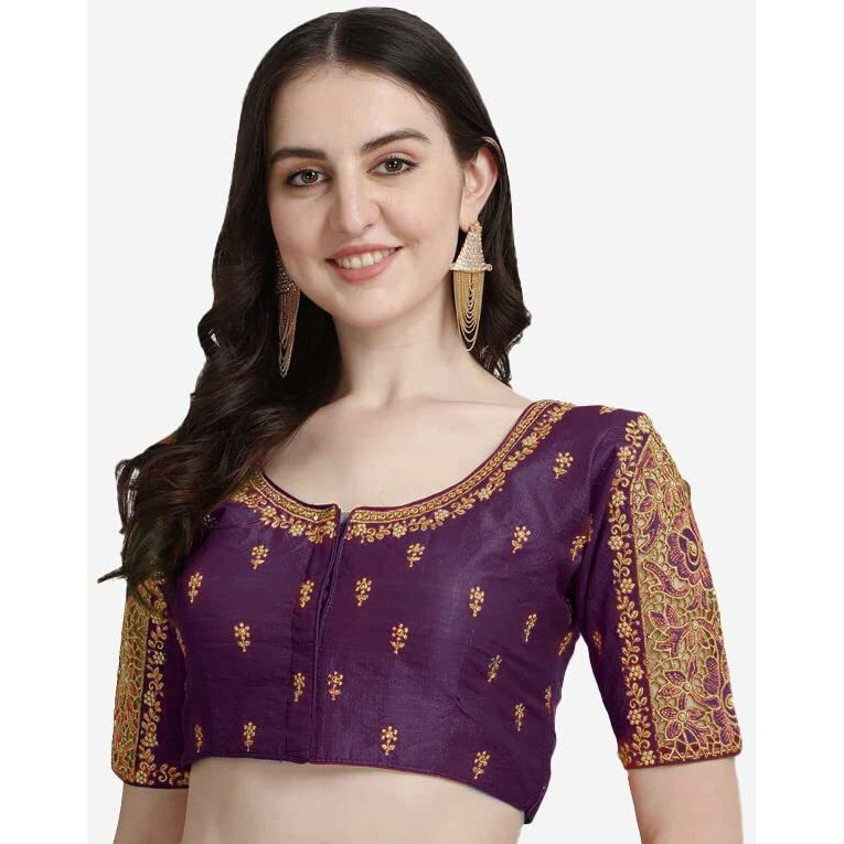Pujia Mills Women's Silk Flower Embroidery Sleeves Cut Work Half Sleeve Readymade Saree Blouse (Gulab Rose_Wine_38)