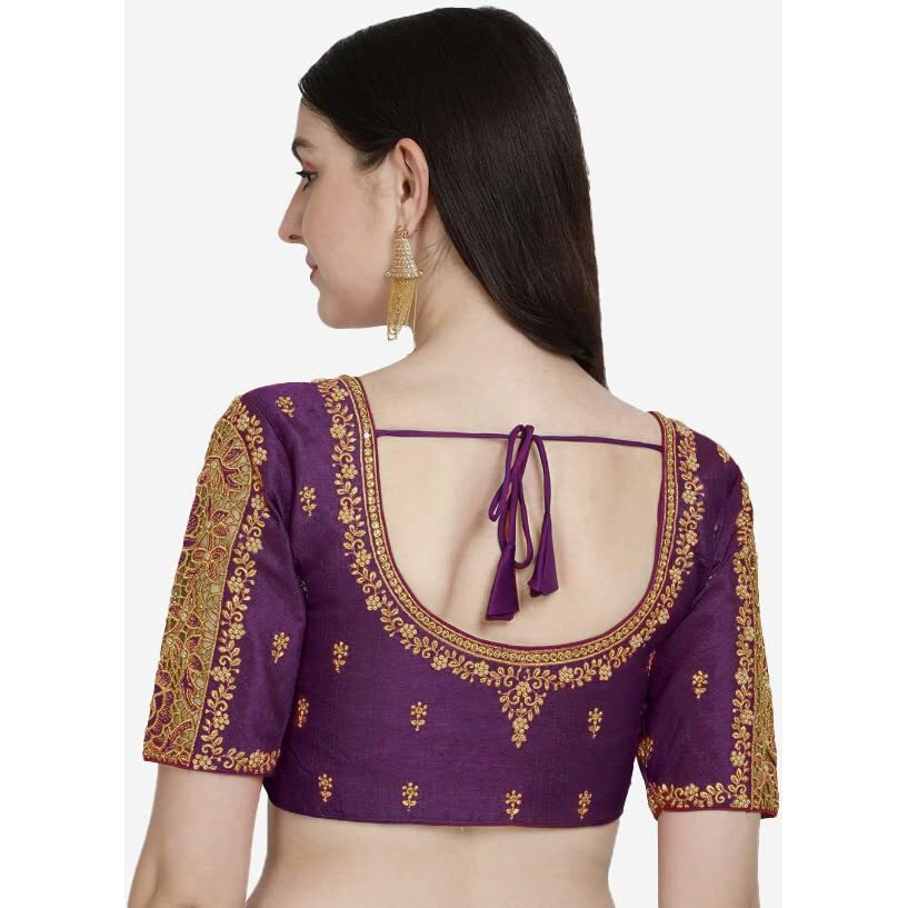 Pujia Mills Women's Silk Flower Embroidery Sleeves Cut Work Half Sleeve Readymade Saree Blouse (Gulab Rose_Wine_38)
