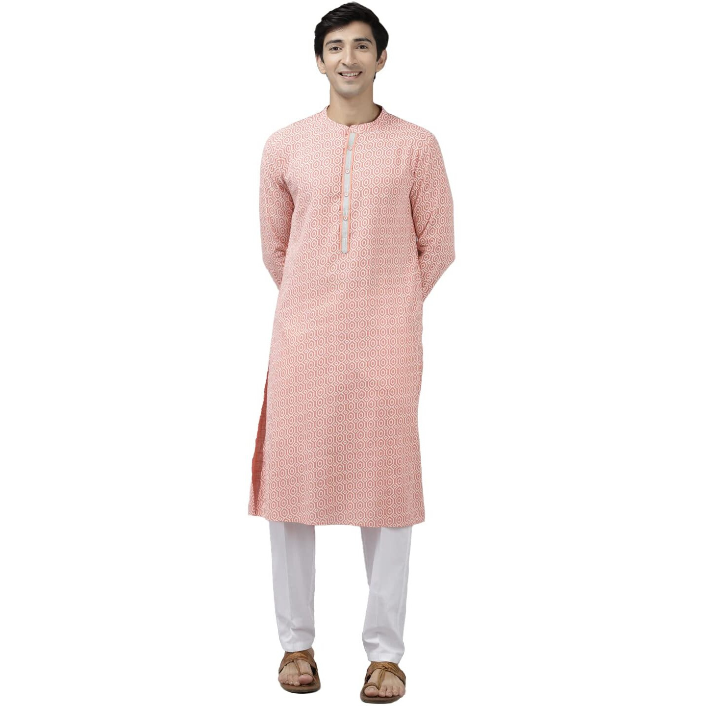 See Designs Men Peach-Coloured & White Printed Pure Cotton Straight Kurta With Pyjama - Sdkt103701M (M)