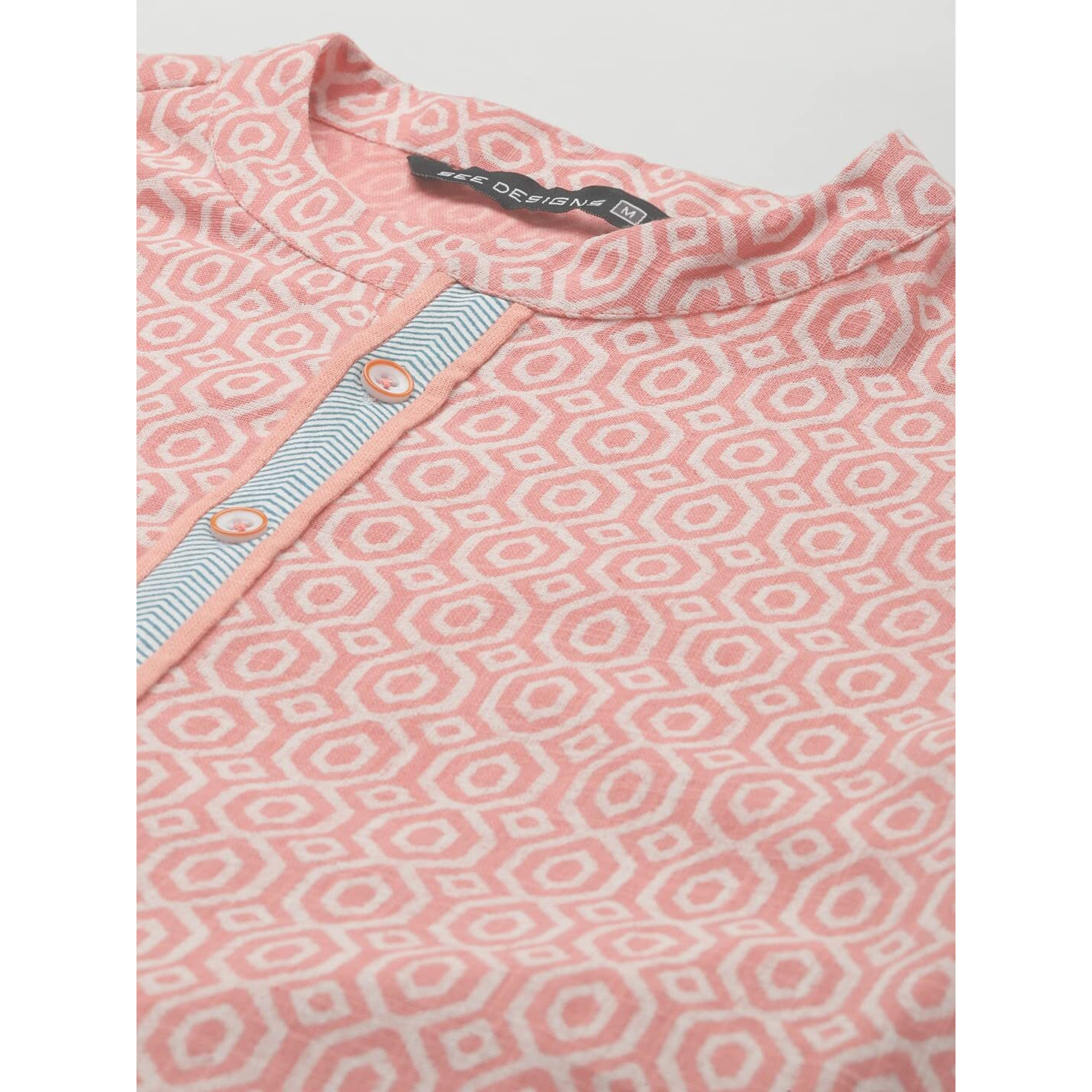 See Designs Men Peach-Coloured & White Printed Pure Cotton Straight Kurta With Pyjama - Sdkt103701M (M)