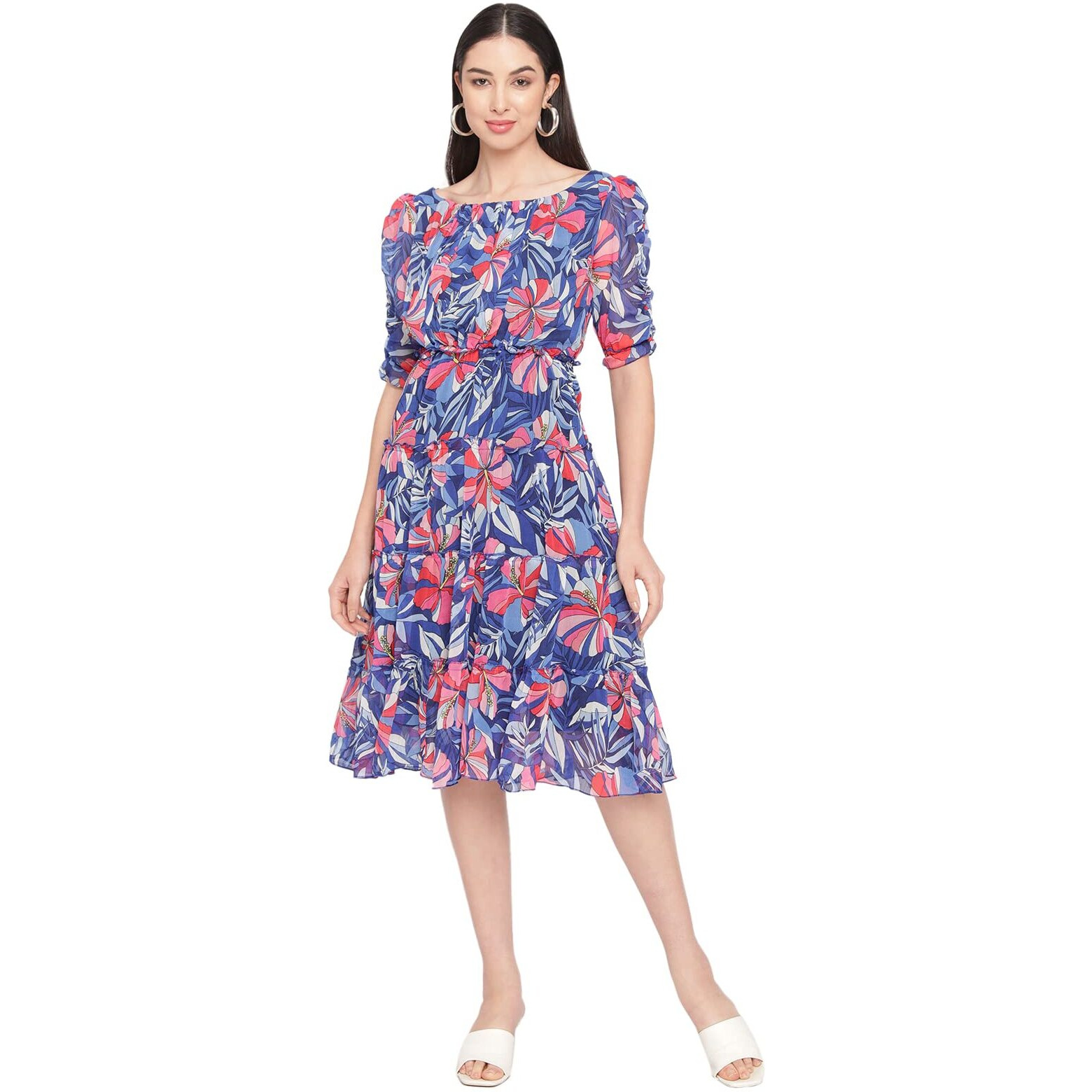 Shasmi Women's Blue Chiffon Solid Floral Sweetheart Neck A-Line Dress For Women (Dress 60 Blue L)