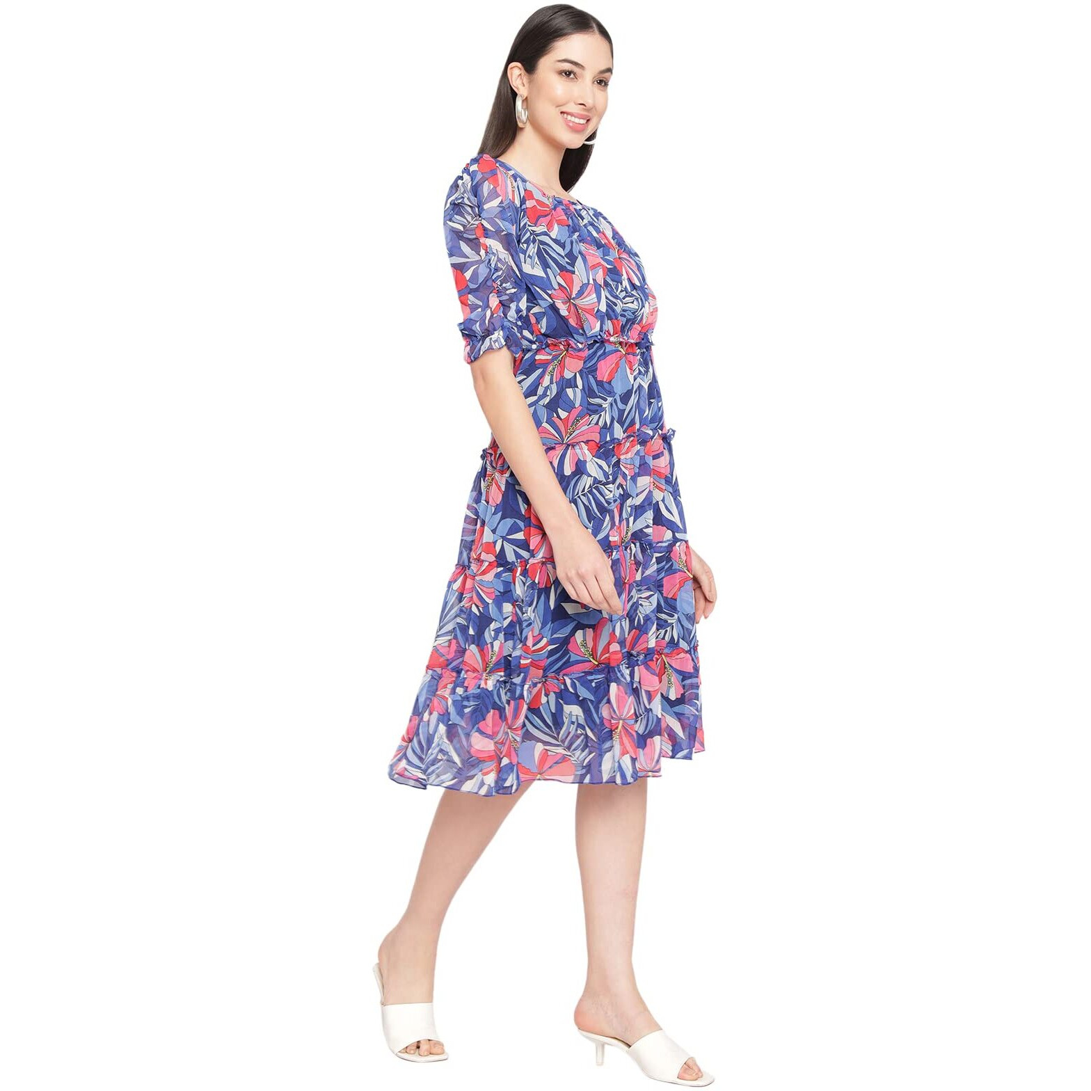 Shasmi Women's Blue Chiffon Solid Floral Sweetheart Neck A-Line Dress For Women (Dress 60 Blue L)