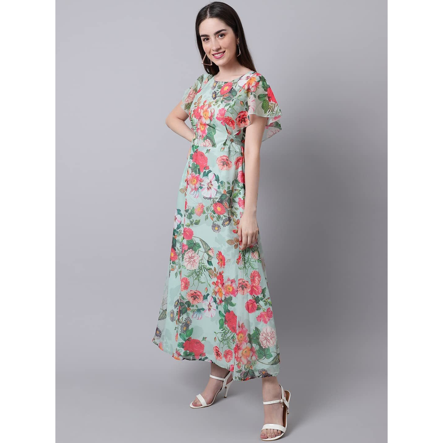 Shasmi Women's Georgette Digital Floral Printed Gown Dress For Women (Gown Dress 35) (Large, Pista) Light Green