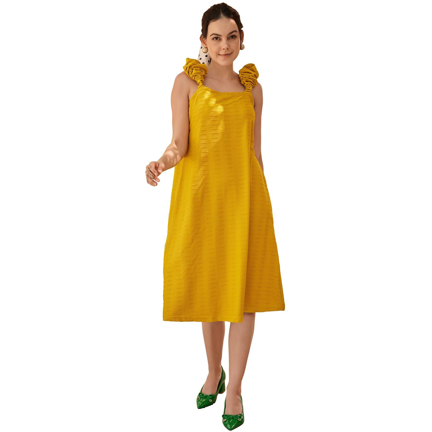 Purvaja Womens A-Line Below Knee Length Dress (Suzi-012-Yellow_Yellow_Medium)