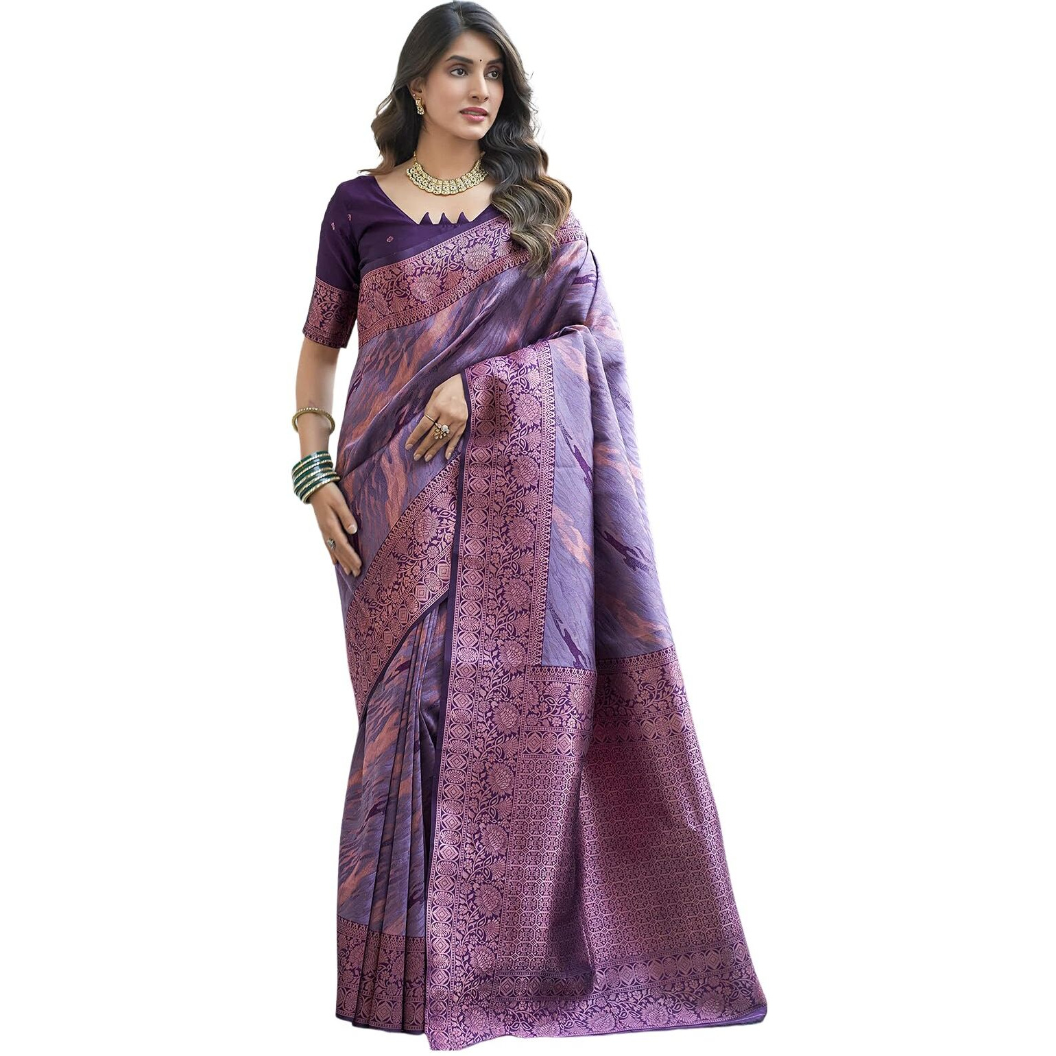 Satrani Women's Banarasi Jacquard Kanjivaram Silk Blend Saree With Unstitched Blouse Piece (3756S166N_Mauve & Deep Purple)