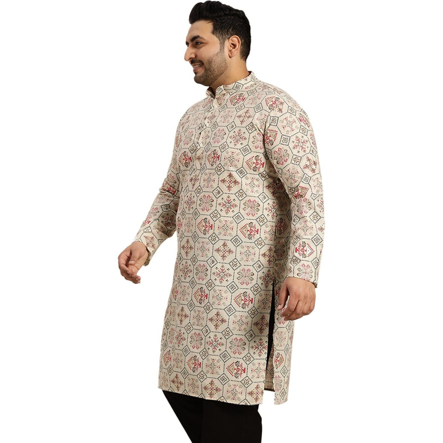 Sojanya Plus (Since 1958) Men's Cotton Linen Cream And Multi Printed Only Long Kurta