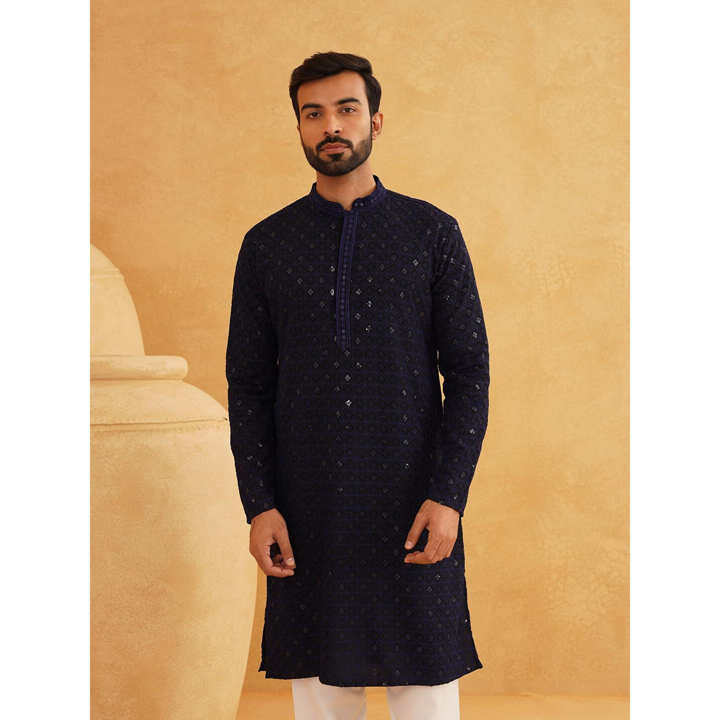 Sojanya (Since 1958 Men's Cotton Contrast Embroidered Sequinned Navy Blue Long Kurta