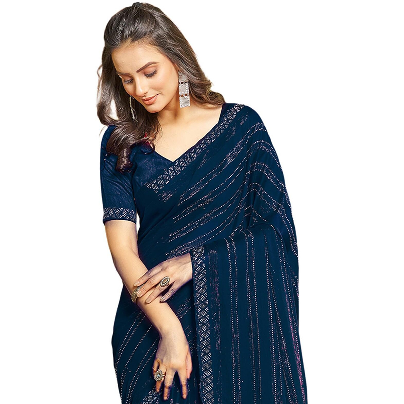 Satrani Women's Chiffon Dyed & Hot Fixing & Zari Saree With Unstitched Blouse Piece (3397S248N_Navy Blue)