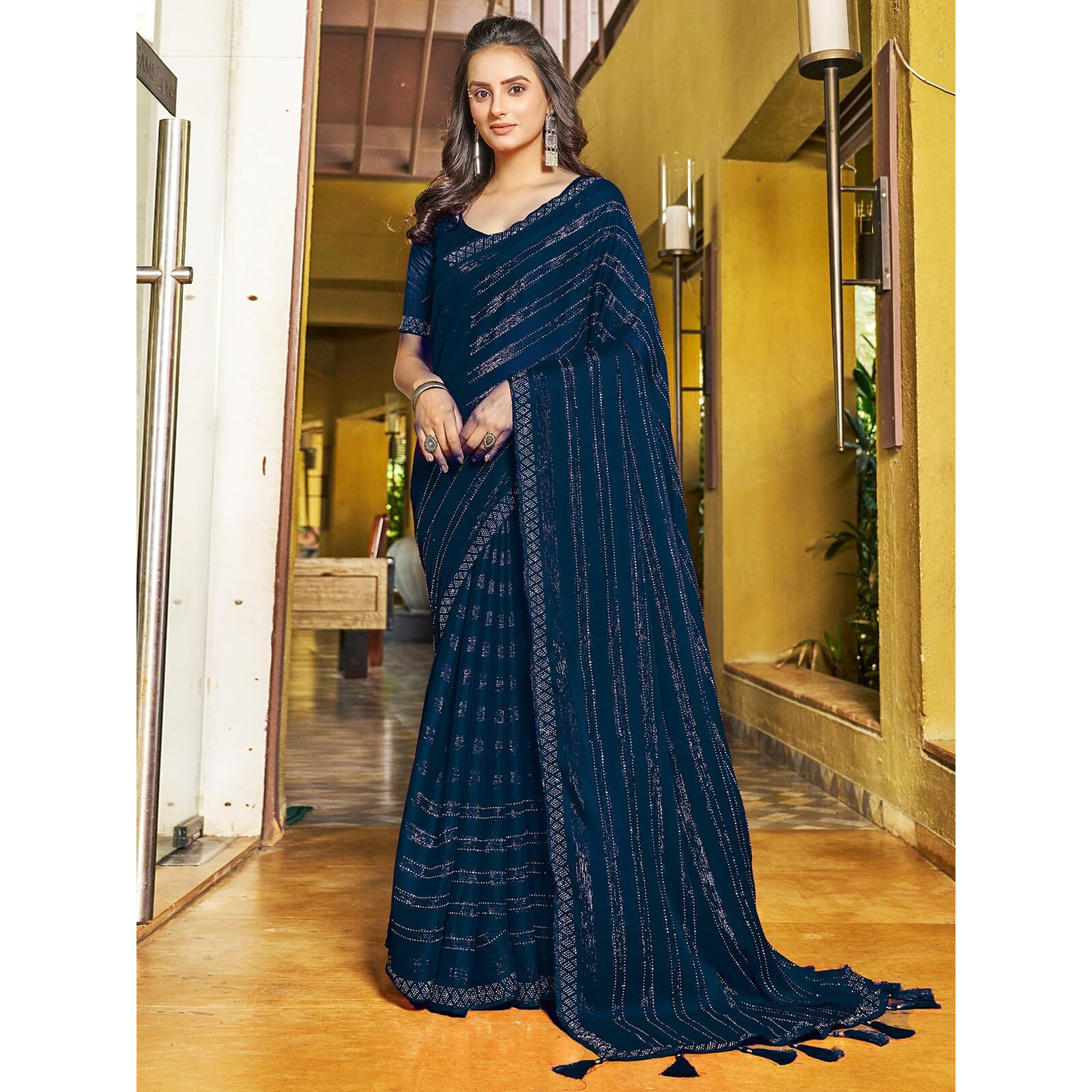 Satrani Women's Chiffon Dyed & Hot Fixing & Zari Saree With Unstitched Blouse Piece (3397S248N_Navy Blue)