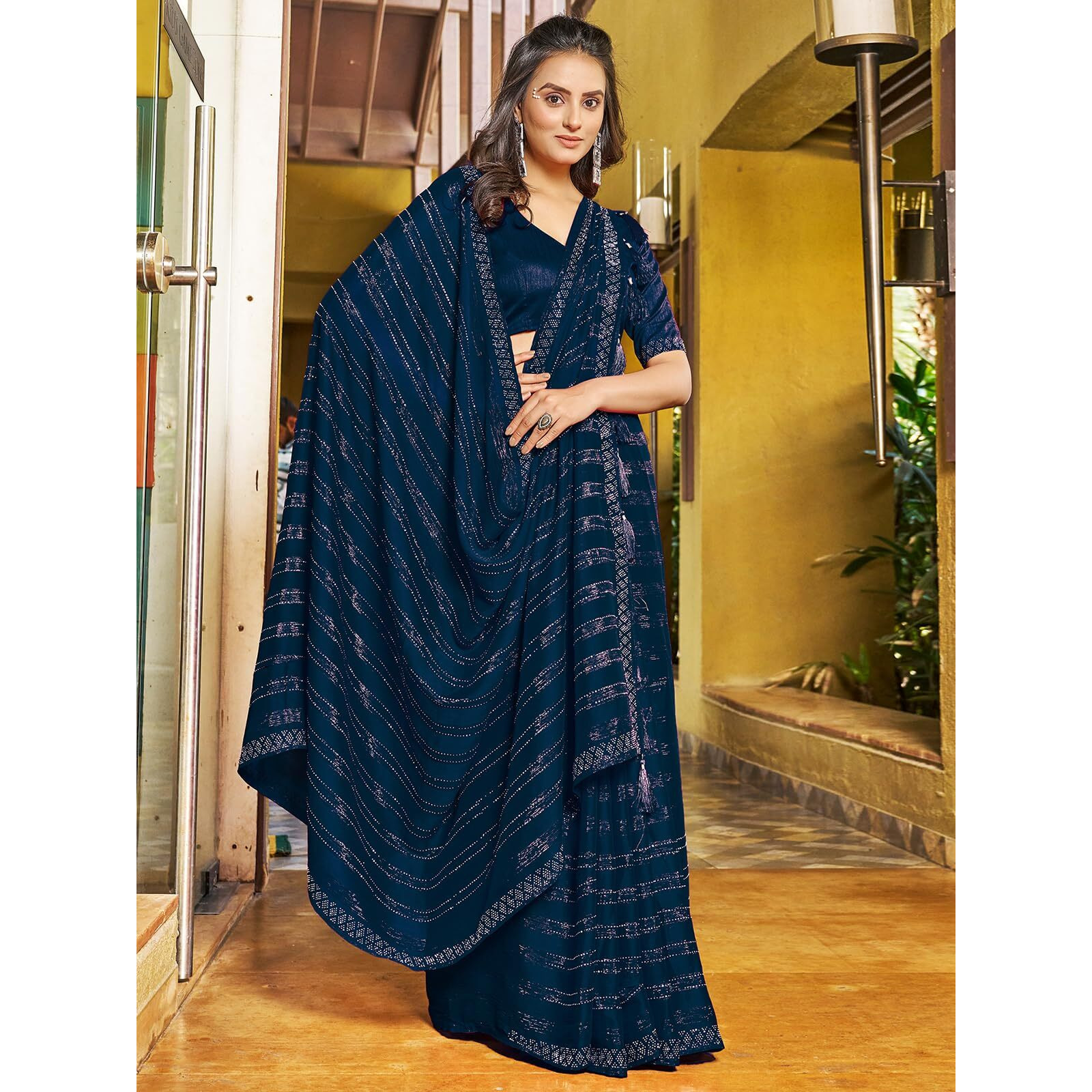Satrani Women's Chiffon Dyed & Hot Fixing & Zari Saree With Unstitched Blouse Piece (3397S248N_Navy Blue)