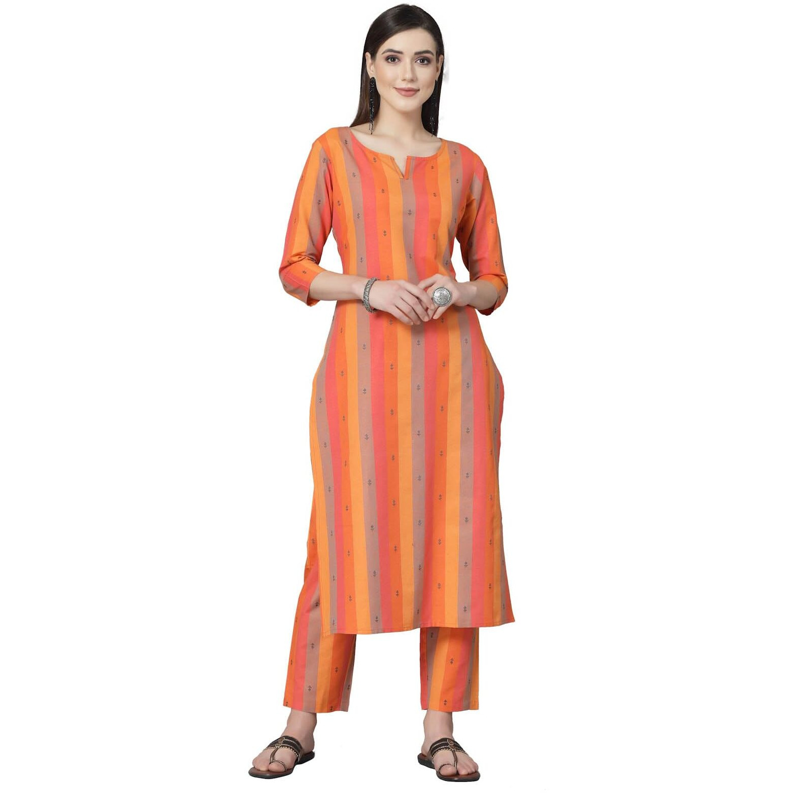 Stylum Women's Woven Design Cotton Blend Straight Kurta Pant Set (Kporangeoreo42_Orange, Xl)