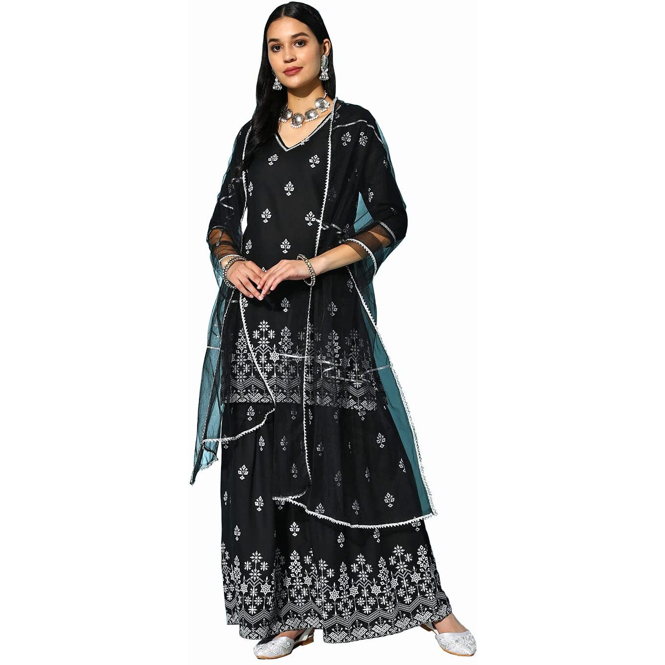 Stylum Women's Printed Rayon Kurta Sharara Dupatta Set (Ksdberlin38_Black, M)
