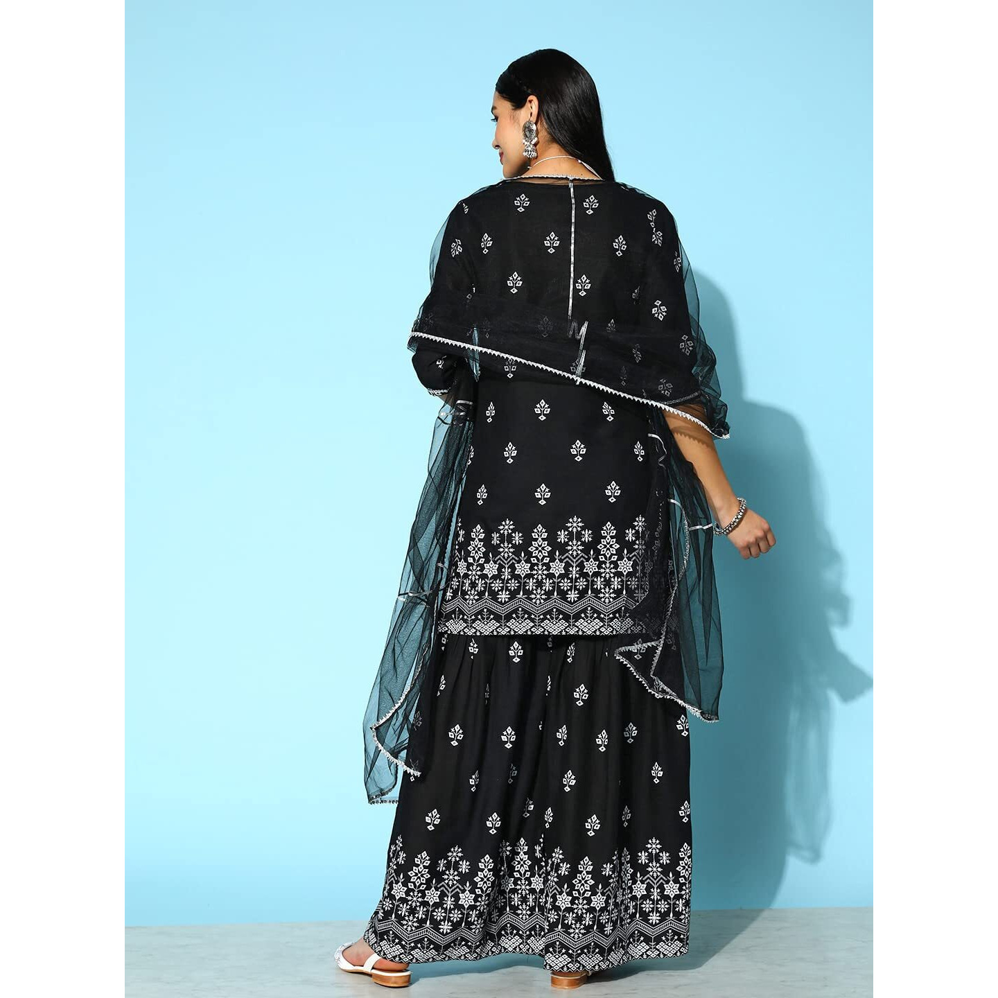 Stylum Women's Printed Rayon Kurta Sharara Dupatta Set (Ksdberlin38_Black, M)