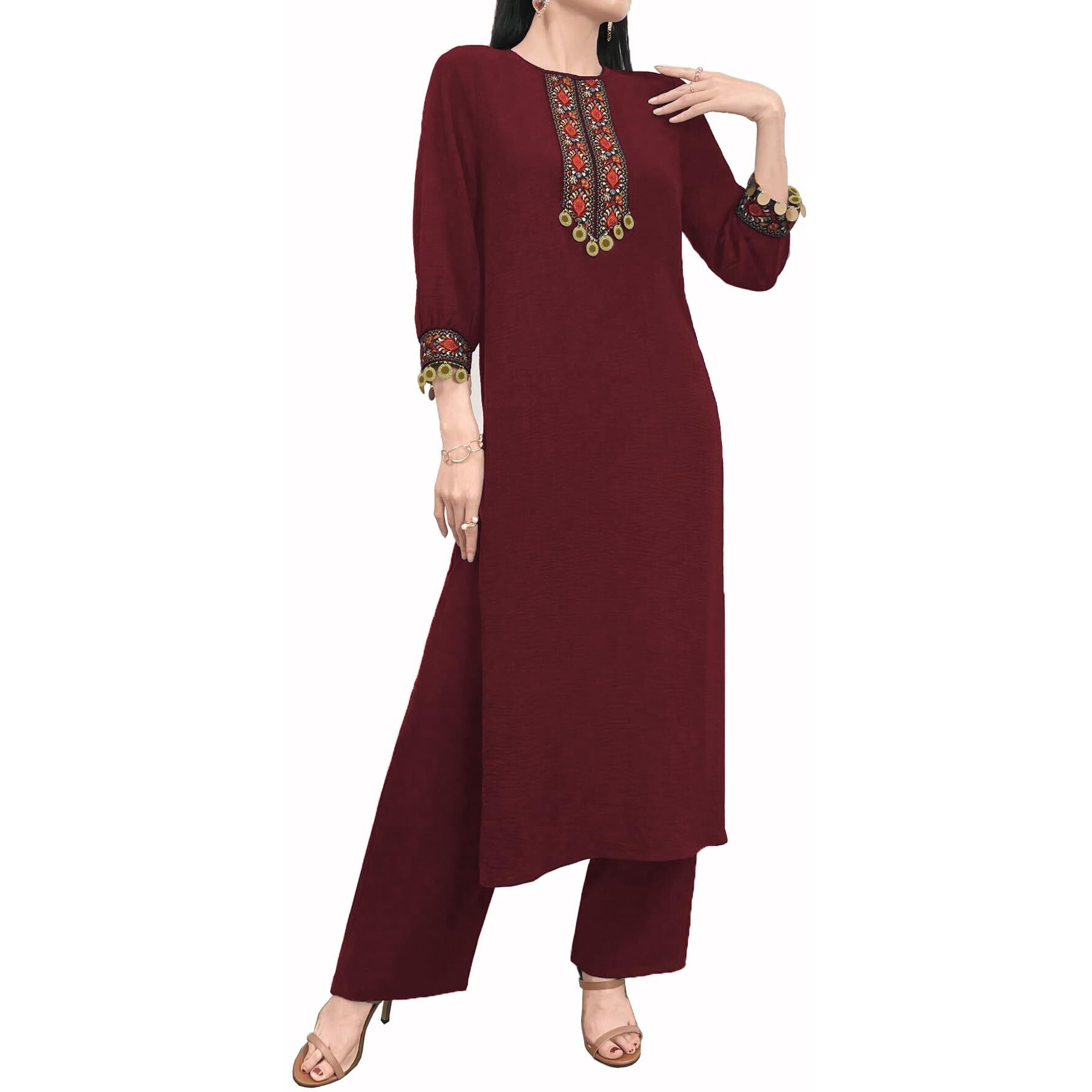 Tadkee Women's Vintage Patchwork With Pendant Decor Lace | 3/4 Sleeve | Kurta Set For Women (Fn-Pop-Lace-Kurta-Set-122-Maroon-M)