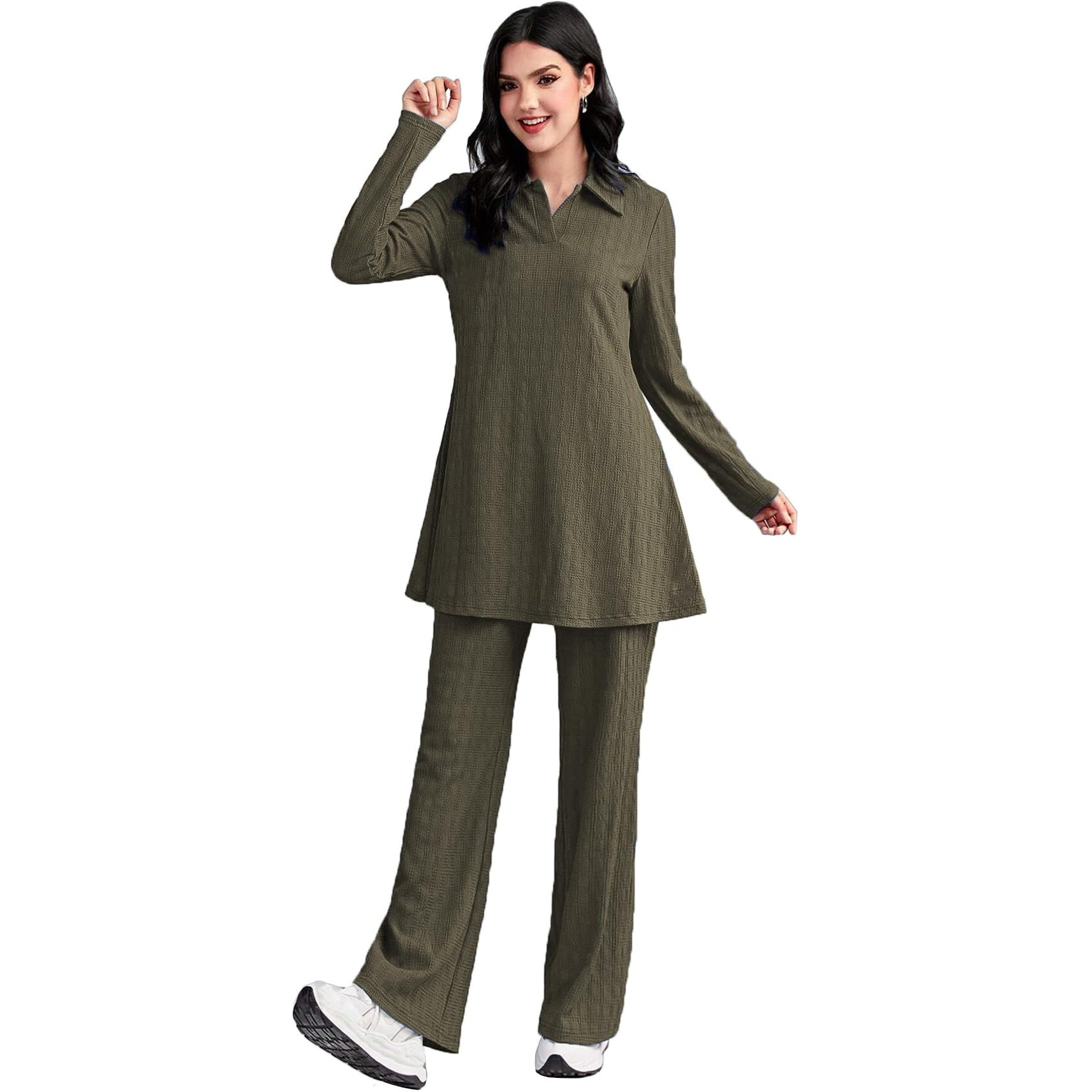 Tadkee Women Polyester Solid Color Two-Piece Set | Long Sleeve Top & Wide Leg Pants Co-Ord Set | Casual Wear Co Ord Set (Fn-Full-Sleeve-Cord-125-Olive-L)