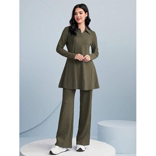 Tadkee Women Polyester Solid Color Two-Piece Set | Long Sleeve Top & Wide Leg Pants Co-Ord Set | Casual Wear Co Ord Set (Fn-Full-Sleeve-Cord-125-Olive-L)