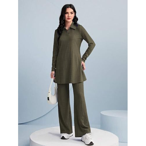 Tadkee Women Polyester Solid Color Two-Piece Set | Long Sleeve Top & Wide Leg Pants Co-Ord Set | Casual Wear Co Ord Set (Fn-Full-Sleeve-Cord-125-Olive-L)