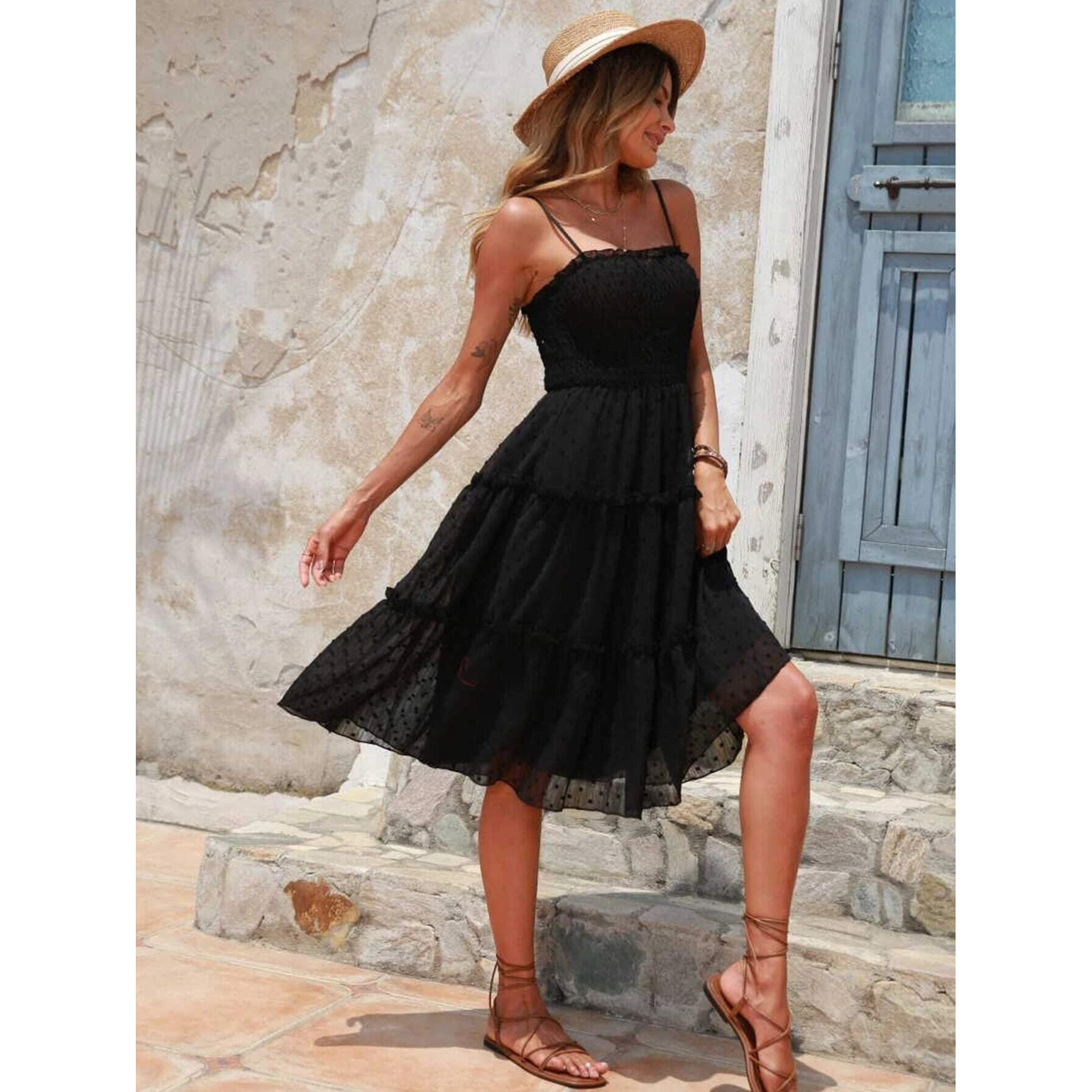 Shasmi Women's & Girl's Black Swiss Dot Shirred Frill Trim Layered Hem Cami Dress (Dress 74 Black S)