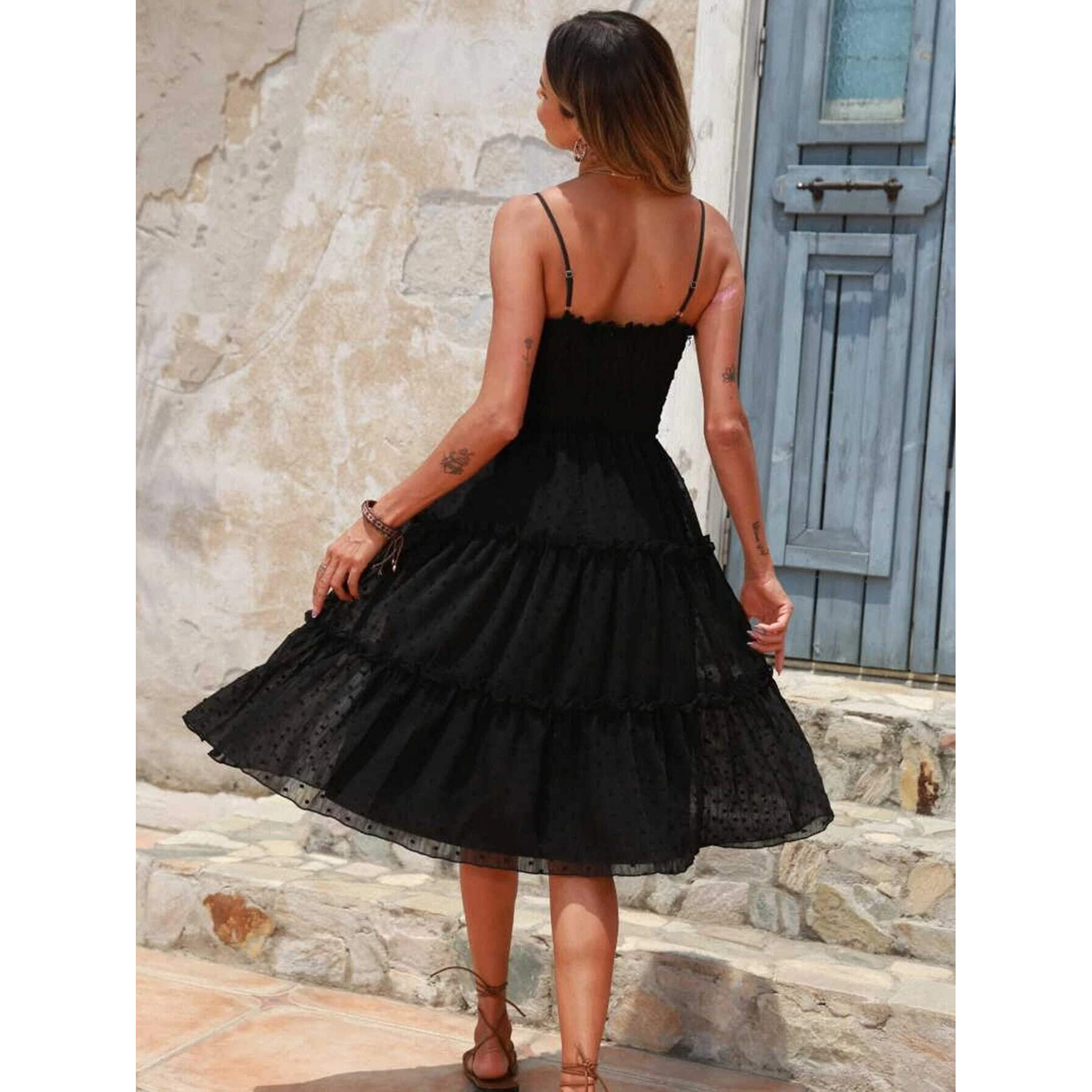 Shasmi Women's & Girl's Black Swiss Dot Shirred Frill Trim Layered Hem Cami Dress (Dress 74 Black S)