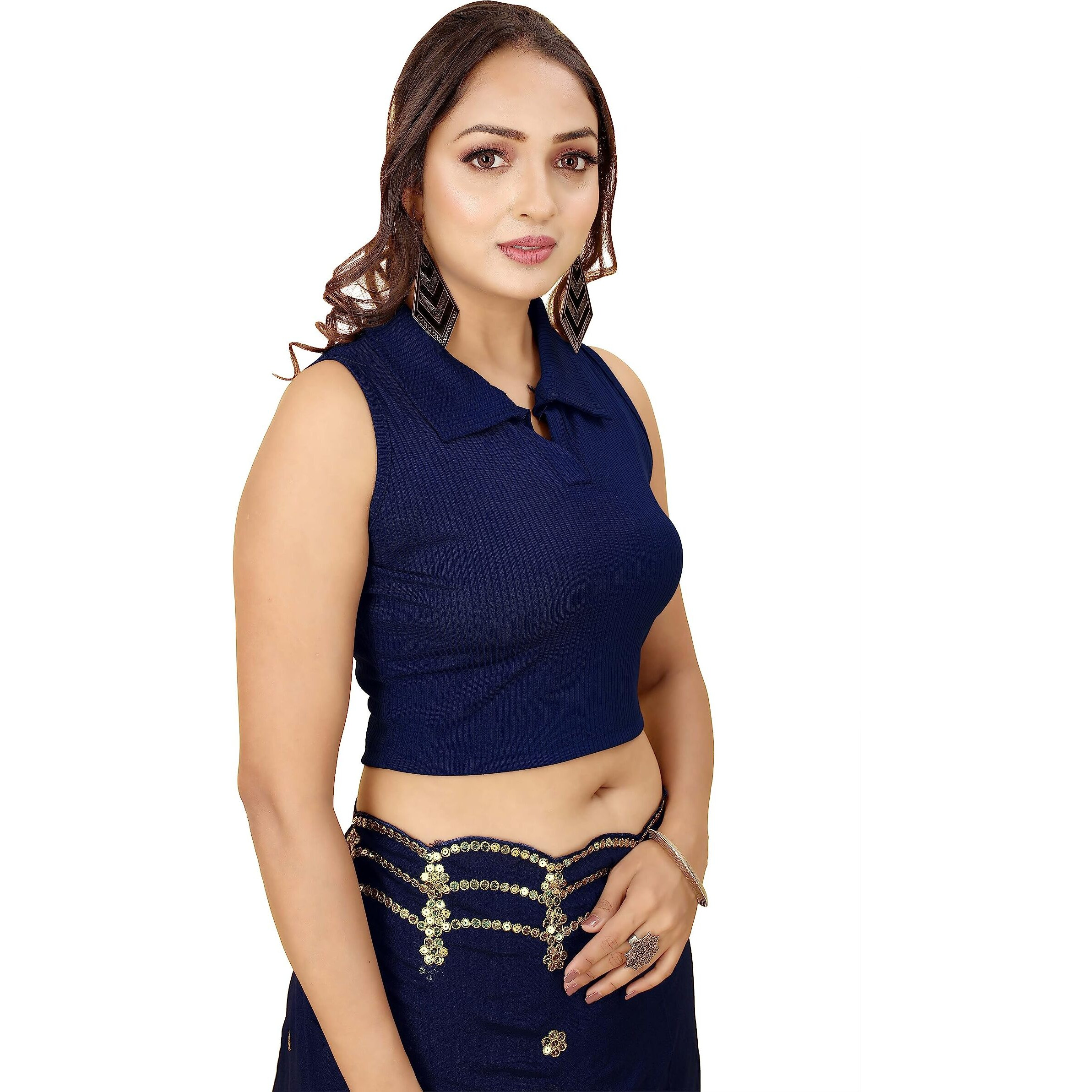 Shasmi Women's & Girls' Solid Ribbed Polo Club Collar Sleeveless Slim Fit Simplicity Blouse For Women (Blouse 49 N Blue L)