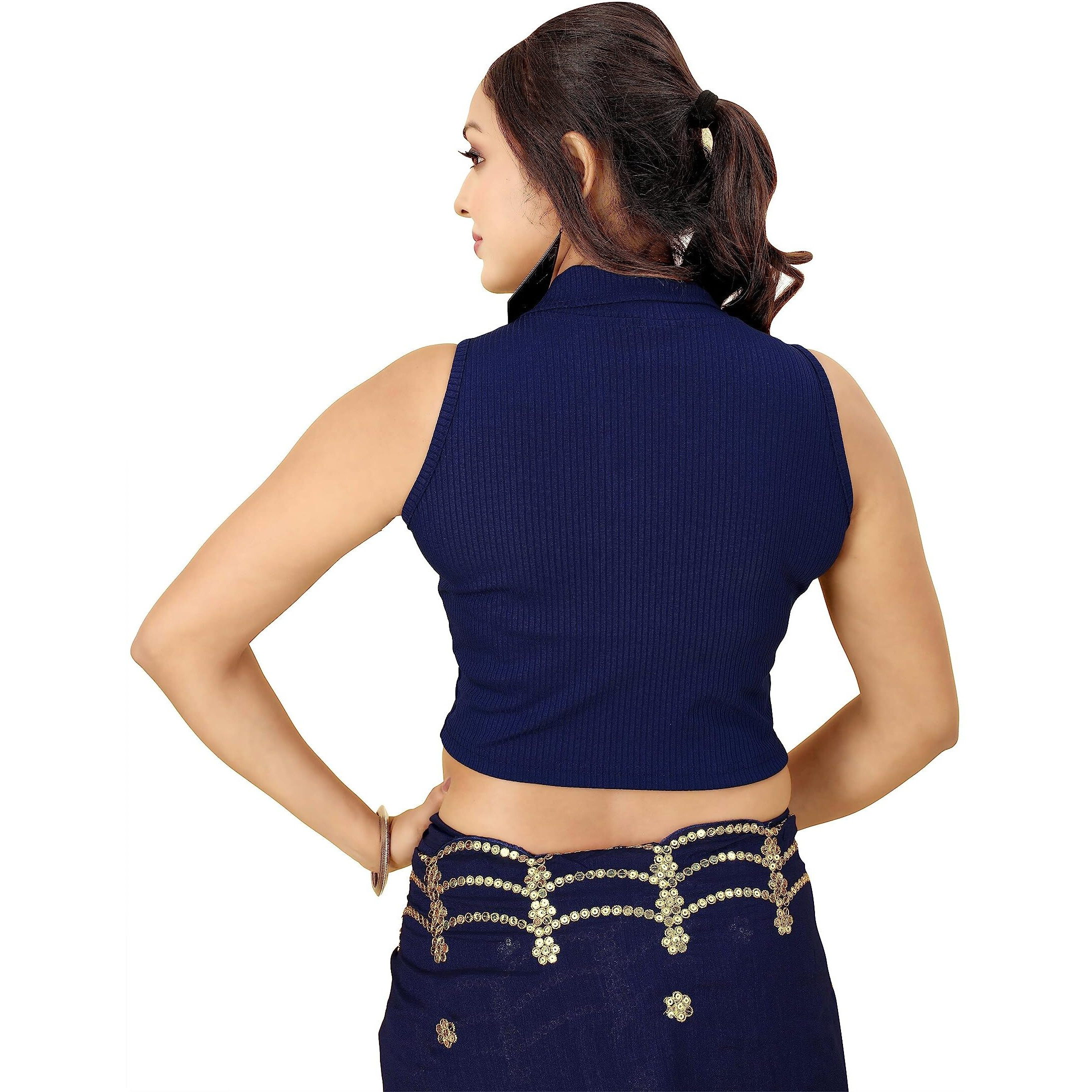 Shasmi Women's & Girls' Solid Ribbed Polo Club Collar Sleeveless Slim Fit Simplicity Blouse For Women (Blouse 49 N Blue L)