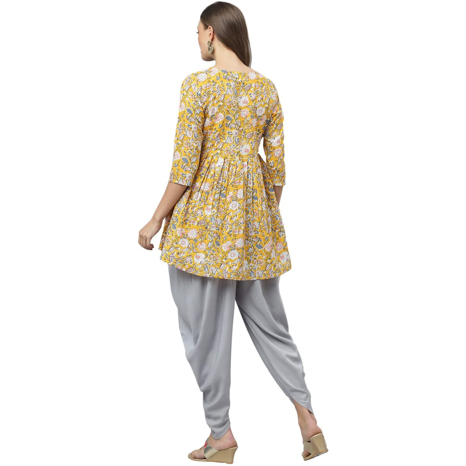 Stylum Women's Floral Printed Cotton Pleated Kurta Dhoti Pant Set (Kdmustimara36_Mustard, S)