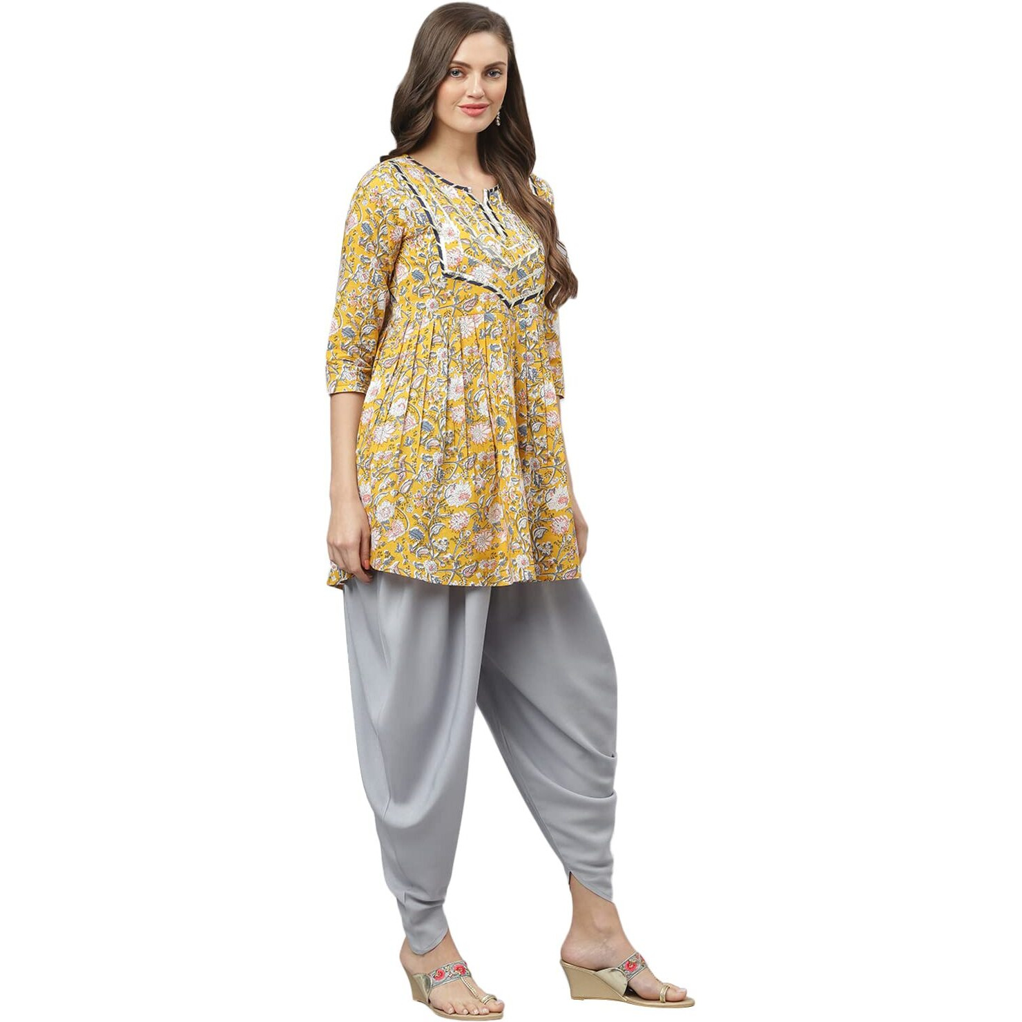 Stylum Women's Floral Printed Cotton Pleated Kurta Dhoti Pant Set (Kdmustimara36_Mustard, S)