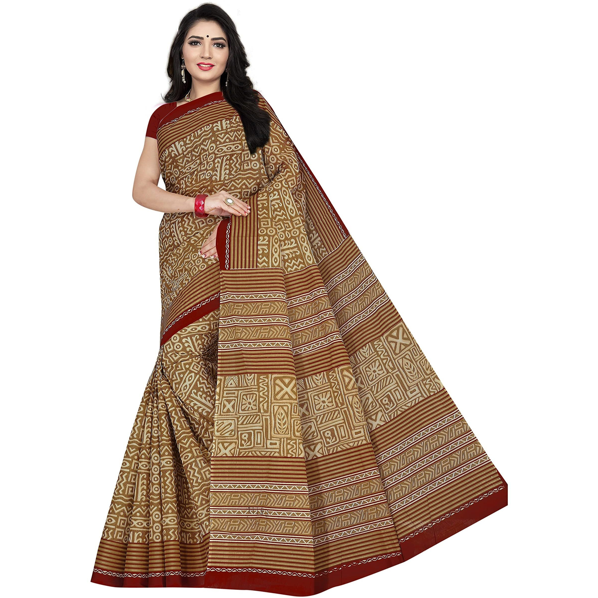 Tamaira Fashion Women's Plain Weave Pure Cotton Saree Without Blouse Piece(2203_Beige&Rustbrown)