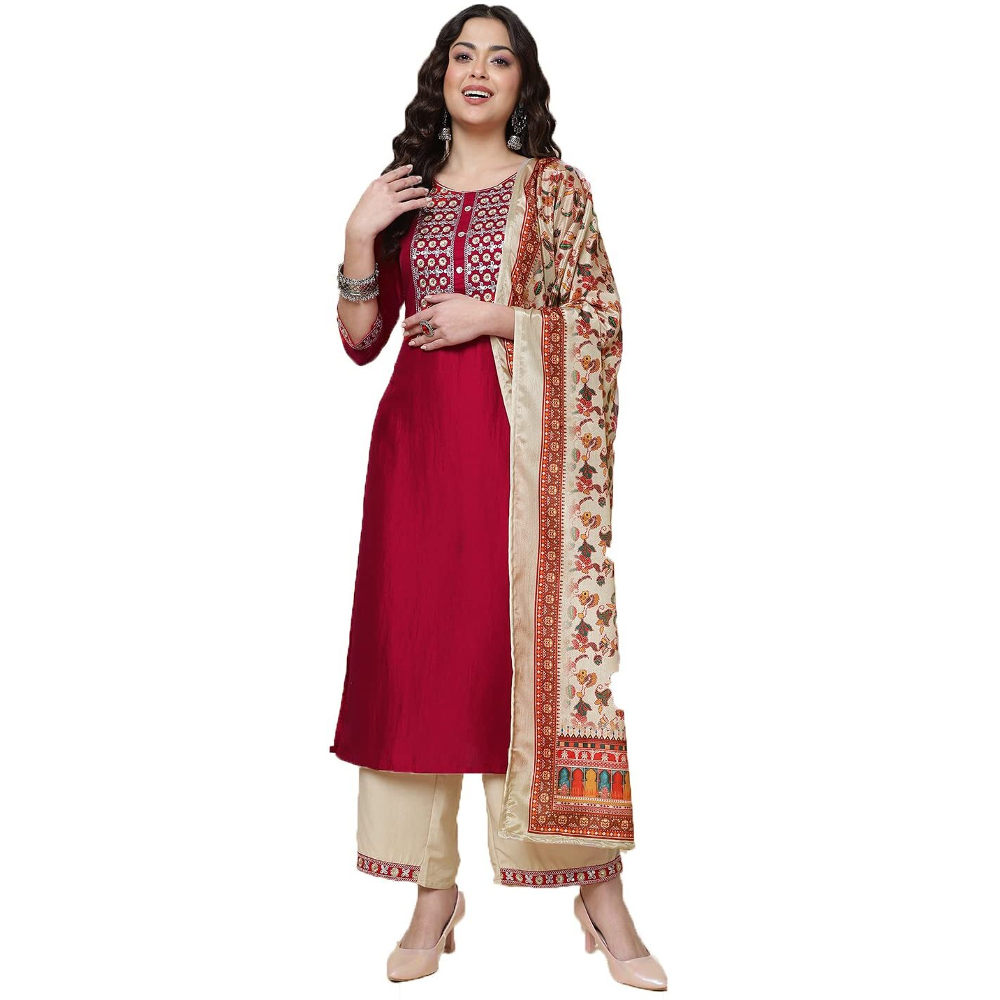 Shiv Textiles Digital Printed Round Neck Polyester Straight Kurta Set With Pent Duppata For Womens (224-Red-L)