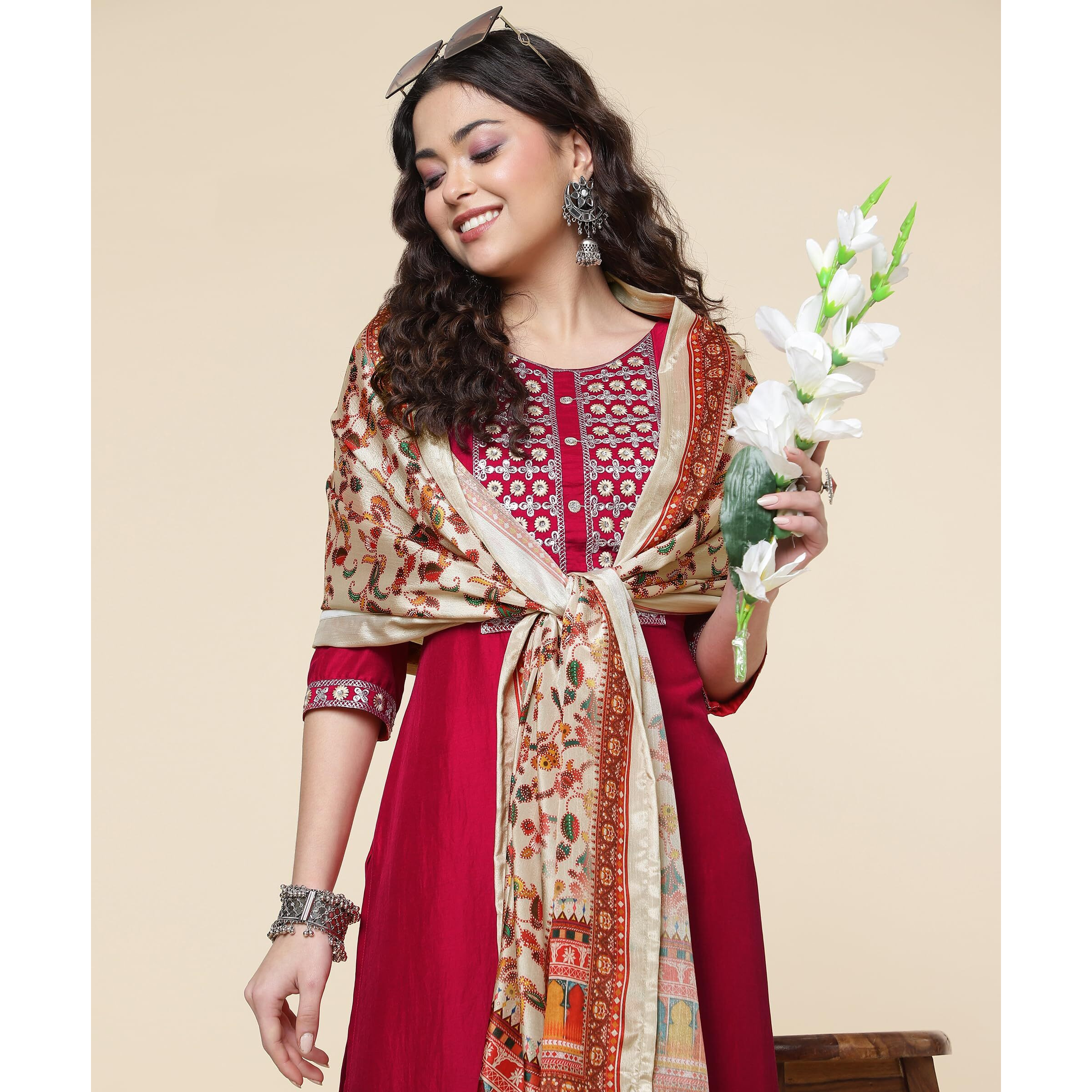 Shiv Textiles Digital Printed Round Neck Polyester Straight Kurta Set With Pent Duppata For Womens (224-Red-L)