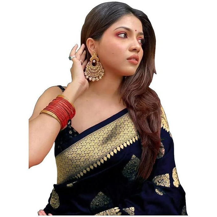 Shiv Textiles Women's Banarasi Silk Saree With Unstitched Blouse (Navy)