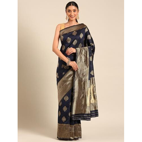 Shiv Textiles Women's Banarasi Silk Saree With Unstitched Blouse (Navy)