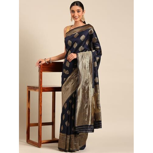 Shiv Textiles Women's Banarasi Silk Saree With Unstitched Blouse (Navy)