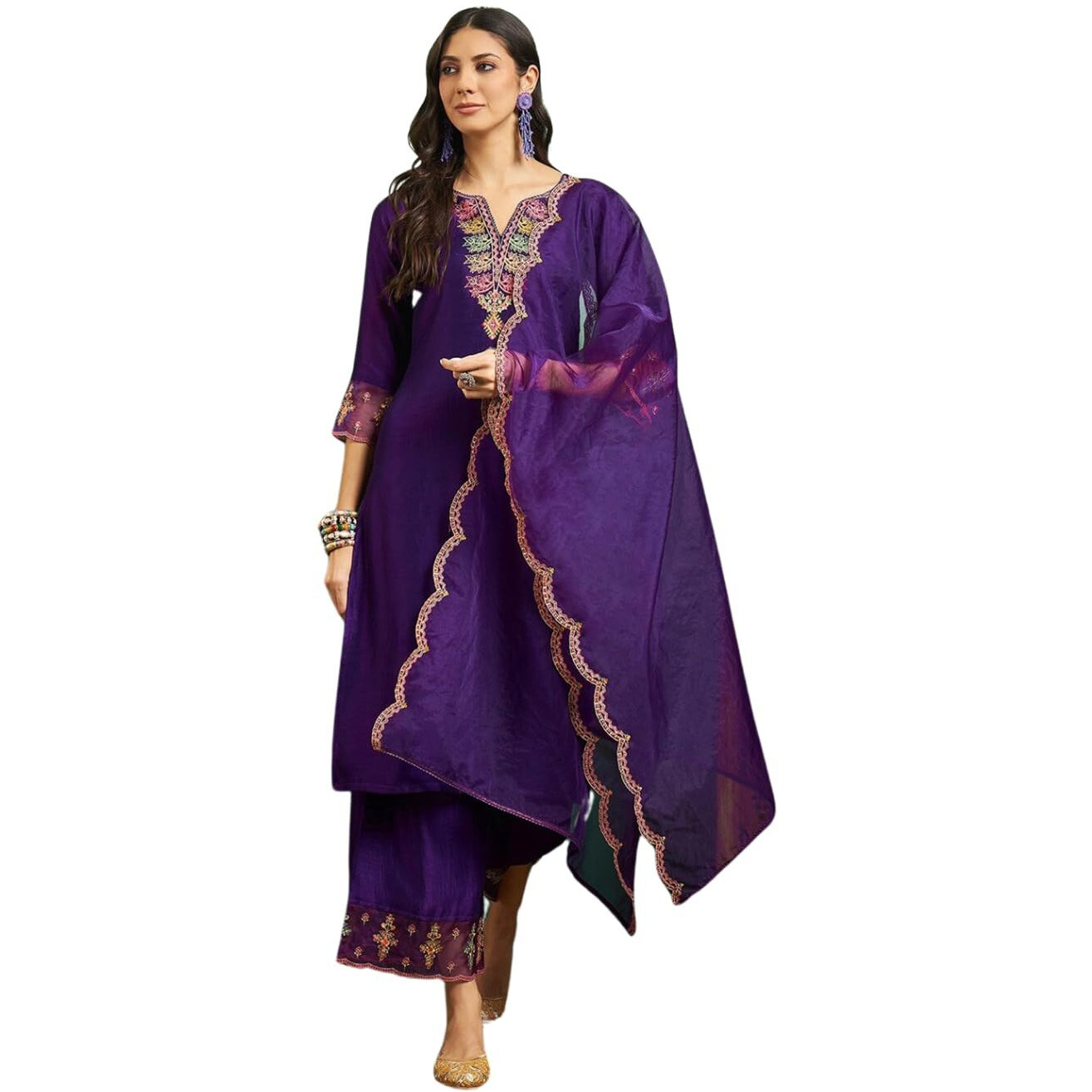 Shiv Textiles Embroidery Violet Kurta Trousers With Dupatta Striped Viscose Silk Blend Three-Quarter Sleeves Kurta Sets For Womens(Jd-Radhika-Violet-L)