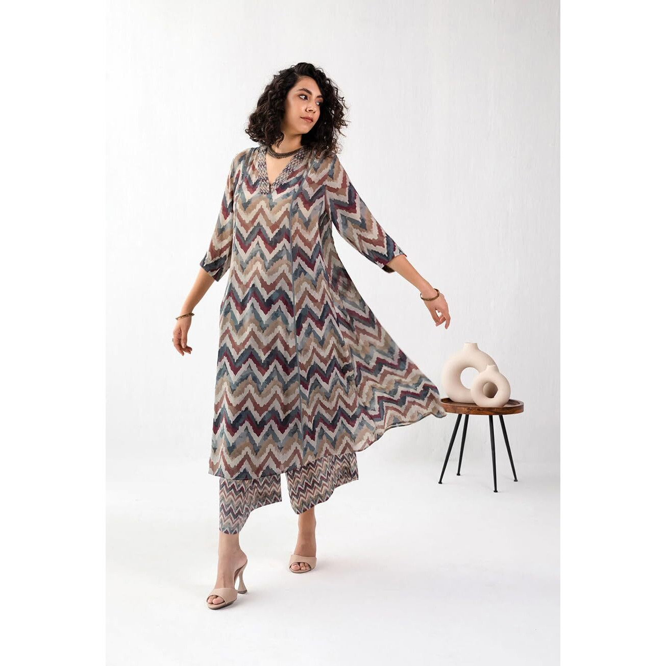 Toochki Women's Multi Color Zig Zag Printed Rayon Stitched Co-Ord Set Dress With Relaxed Fit For Women In Two Piece Set Top & Plazzo 3/4 Sleeve Co-Ord Dress Look