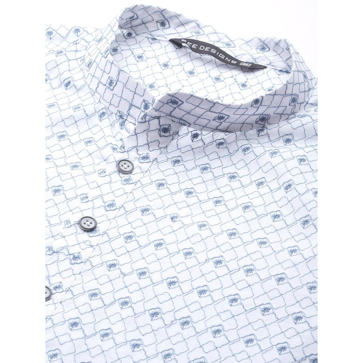 See Designs Men Mandarin Collar White & Blue Pure Cotton Embroidered Staright Full Sleeve Kurta With Pajama - Sd2Mekt_126401S