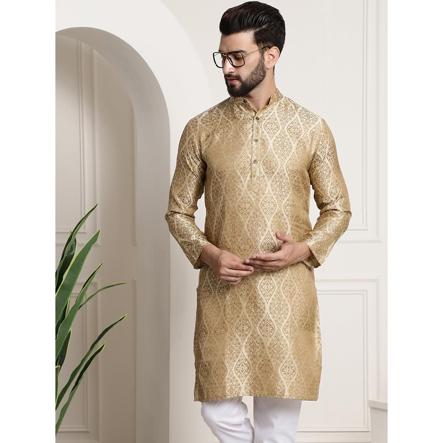 Sojanya (Since 1958 Men's Silk Blend Beige Color Self Design Only Long Kurta