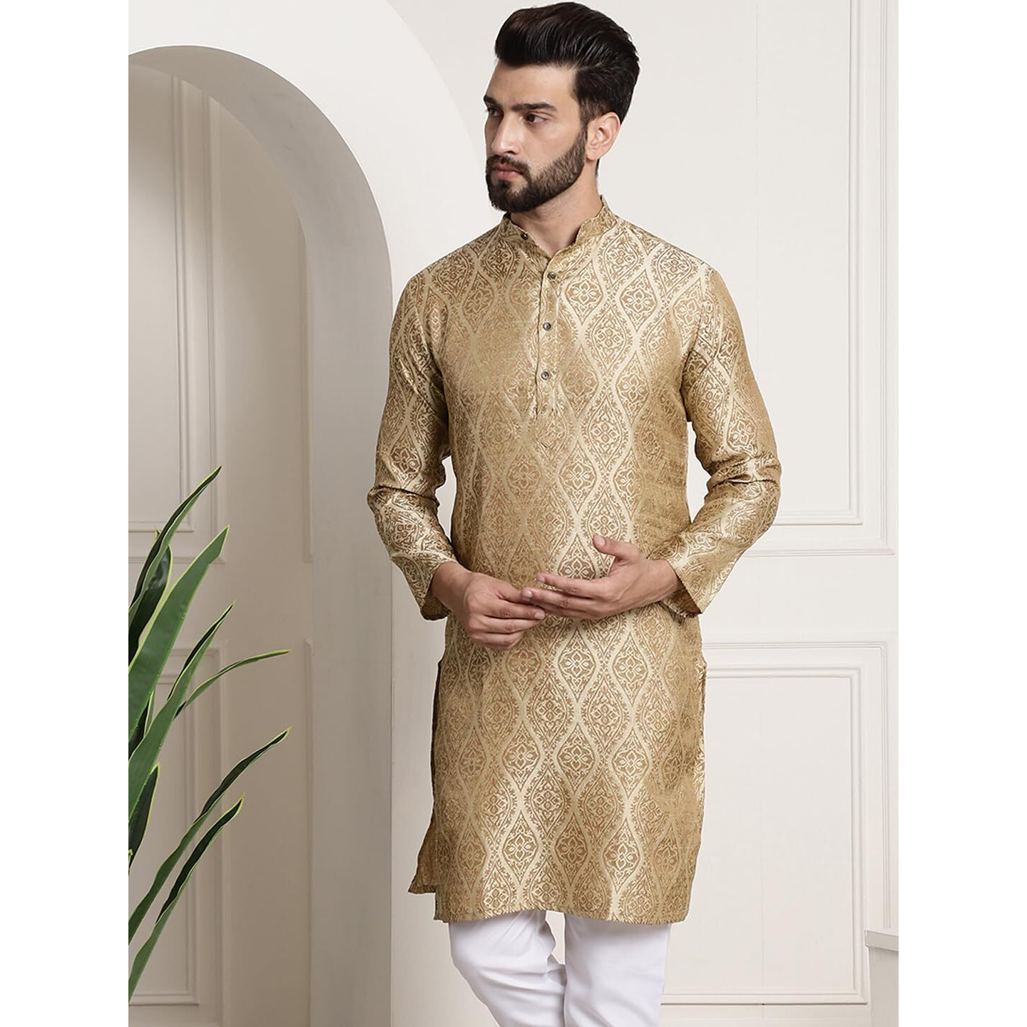 Sojanya (Since 1958 Men's Silk Blend Beige Color Self Design Only Long Kurta