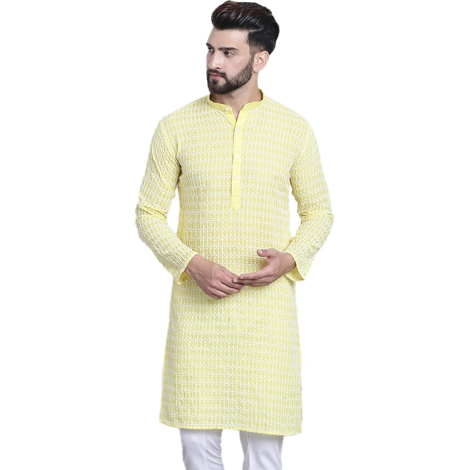 Sojanya (Since 1958 Men's Pure Cotton Yellow With White Embroidery Only Long Kurta